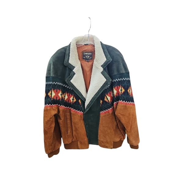 LAWLESS Other - LAWLESS Two-Tone Suede Bomber Jacket with Sherpa Collar - Green & Brown